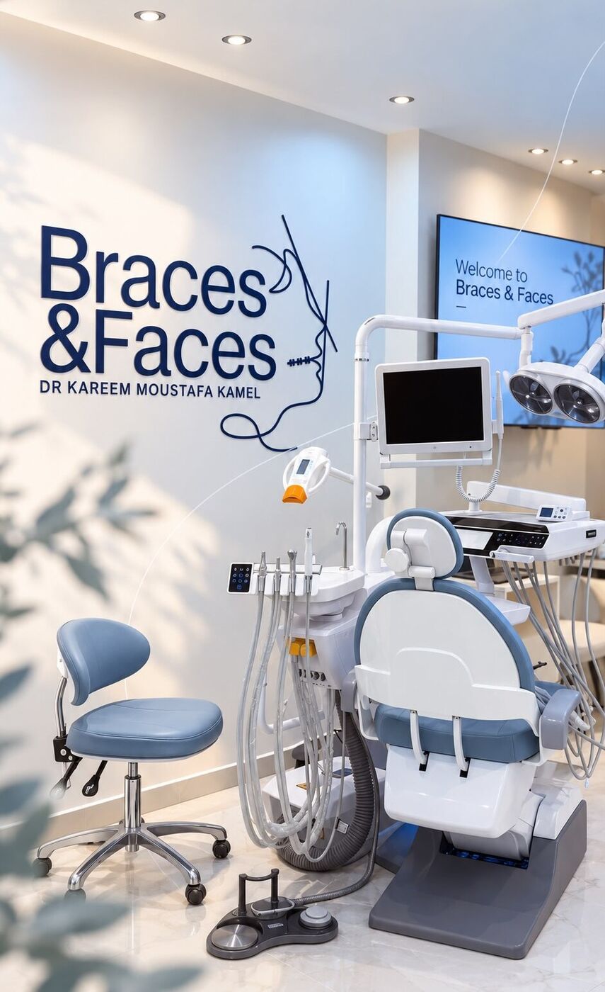 Treatment room at Braces & Faces with the clinic logo on the wall