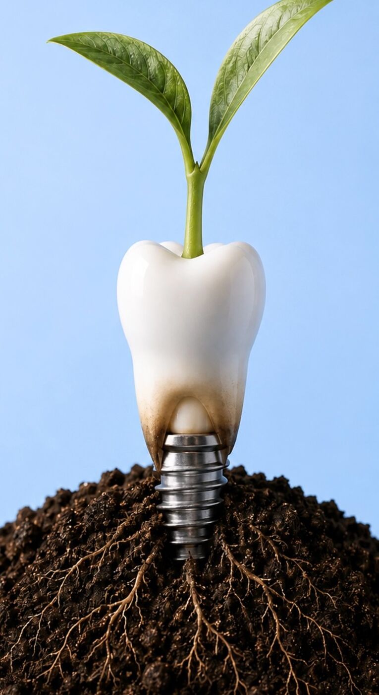 Illustration of a dental implant rooted like a plant